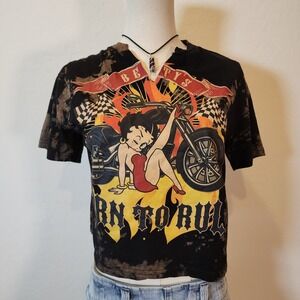 Betty Boop Born to Rule Biker Motorcycle Bleach Dye Graphic T-Shirt